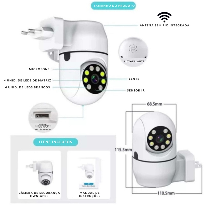 Câmera de Segurança HWN-AP03 Full HD Wifi Visão 360° e Noturna APP IC Original Envio Imediato