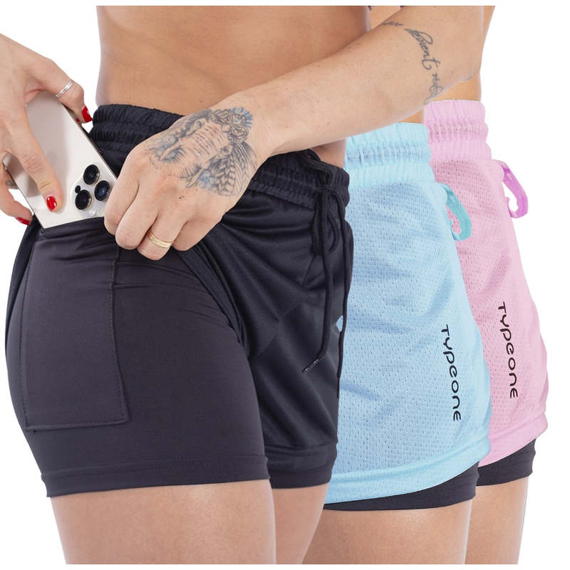 Kit 3 Shorts femininos 2 em 1 duplos esportivos em suplex para Academia e Treinos