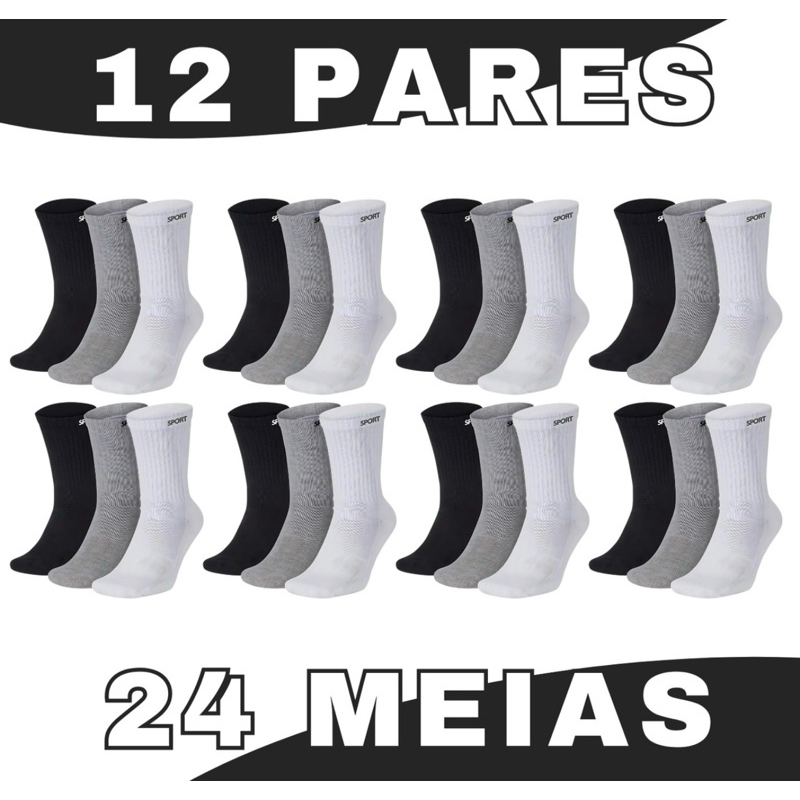 Meias Masculina Cano Alto Sport kit com 12 pares masculina Grossa direto da frabrica 50% algodao.