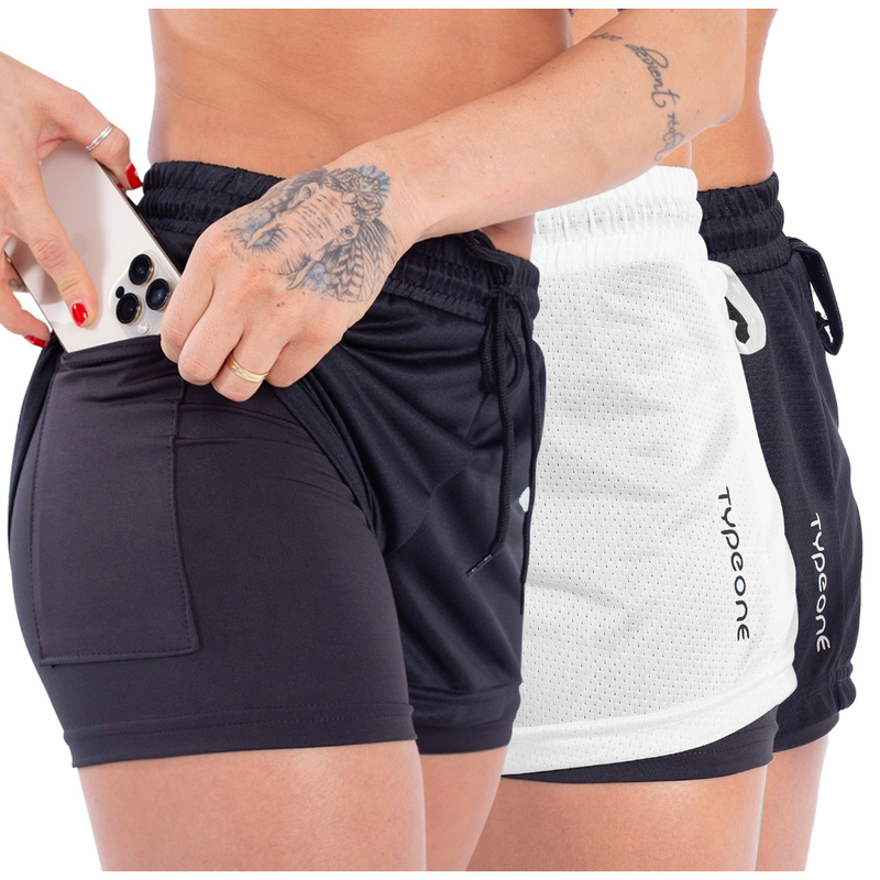 Kit 3 Shorts femininos 2 em 1 duplos esportivos em suplex para Academia e Treinos