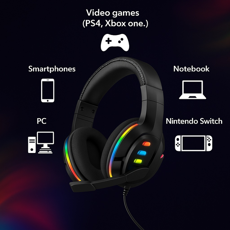 Headset Fone Gamer Led RGB com microfone USB e P2 Para PC Computador Headphone Videogame