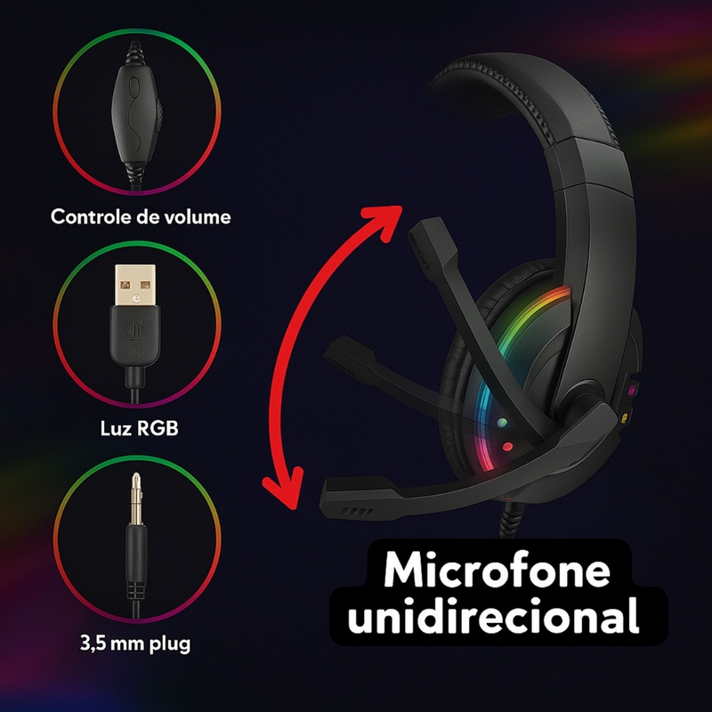 Headset Fone Gamer Led RGB com microfone USB e P2 Para PC Computador Headphone Videogame