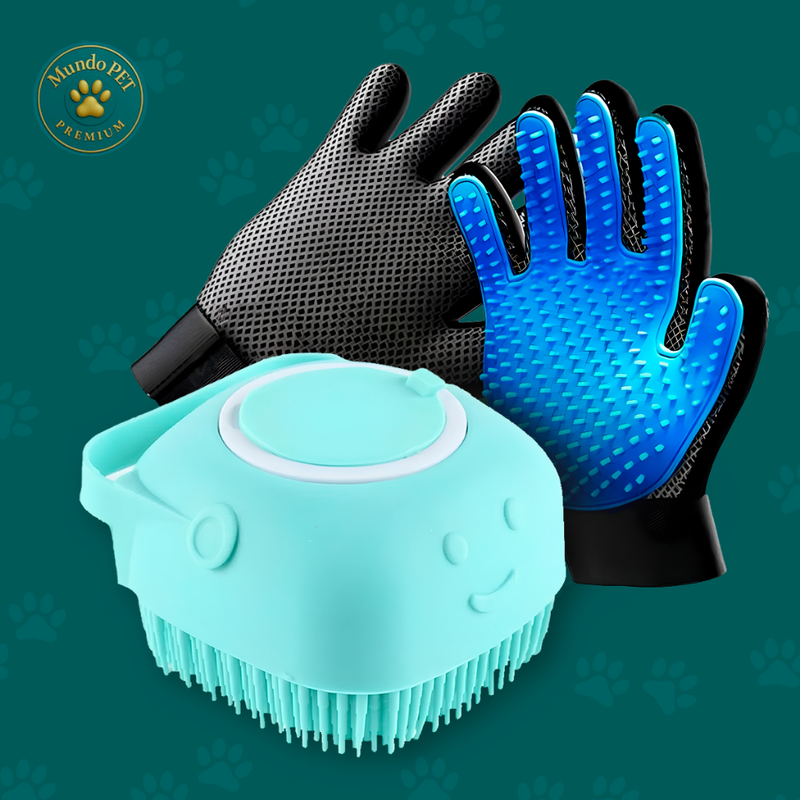 Kit Cuidados Pet Luva Tira Pelos Nano + Escova lava Pet Silicone Dispenser Cachorro Gato