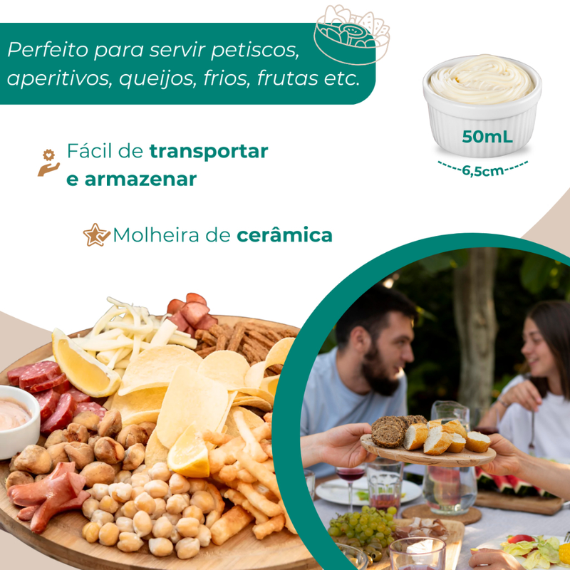 Kit Petisqueira Redonda Para Frios Queijo Com Molheira Ramekin e Garfinhos para Petiscos