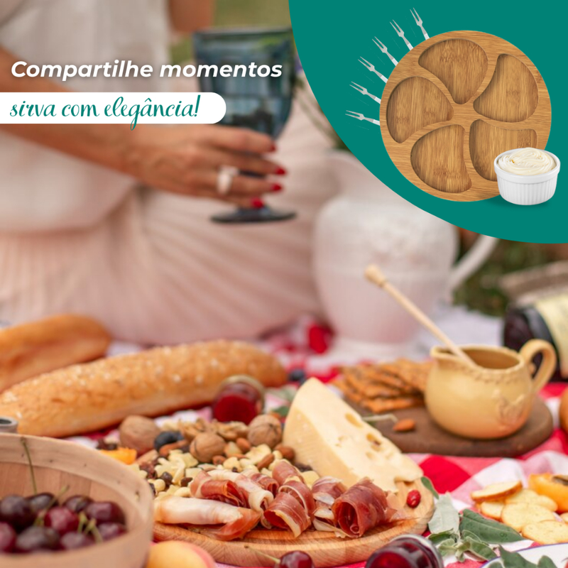 Kit Petisqueira Redonda Para Frios Queijo Com Molheira Ramekin e Garfinhos para Petiscos