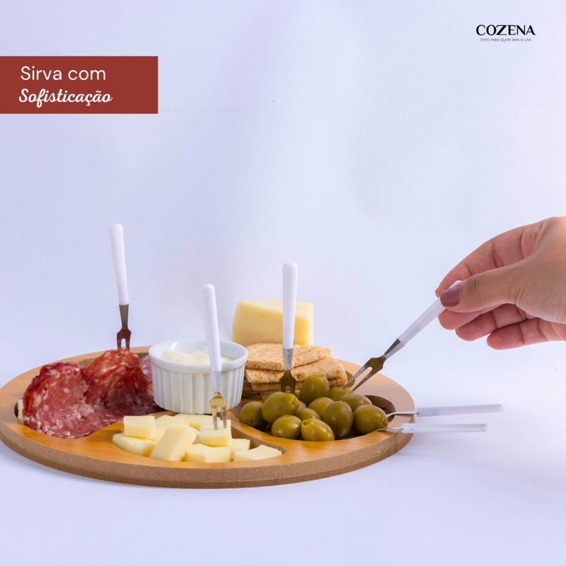 Kit Petisqueira Redonda Para Frios Queijo Com Molheira Ramekin e Garfinhos para Petiscos