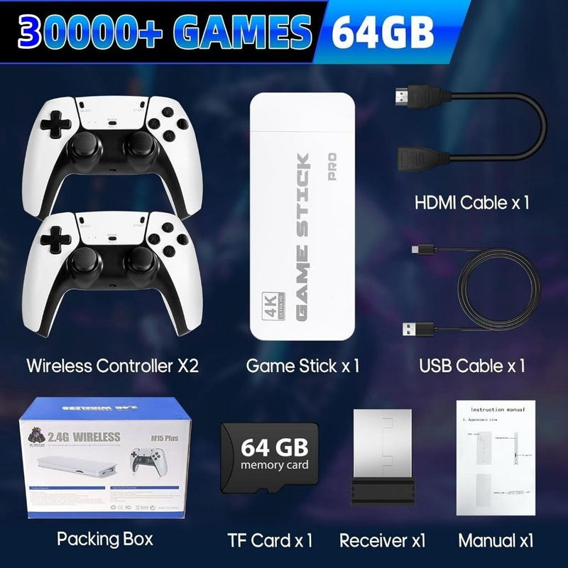 2025 NOVO Vídeo Game Stick M15 Pro 4k 64gb Hdmi Com 2 Controles Se Fio +20mil Jogos